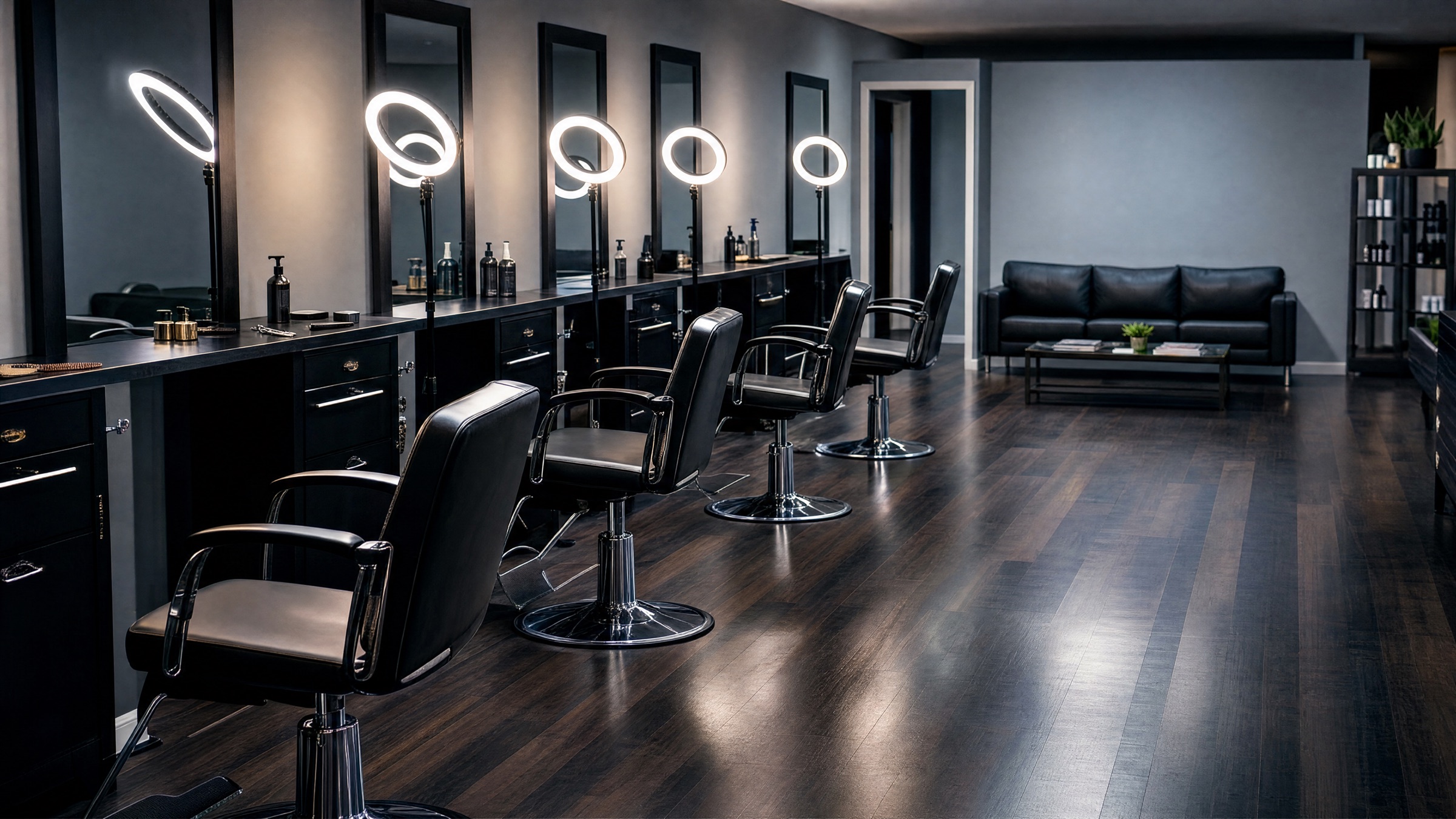 Caliber Studios barbershop interior — leather chairs, mirrors, warm ring lighting